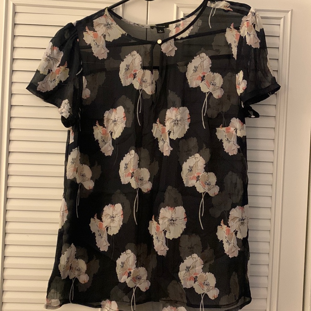 Navy blue floral print sheer blouse